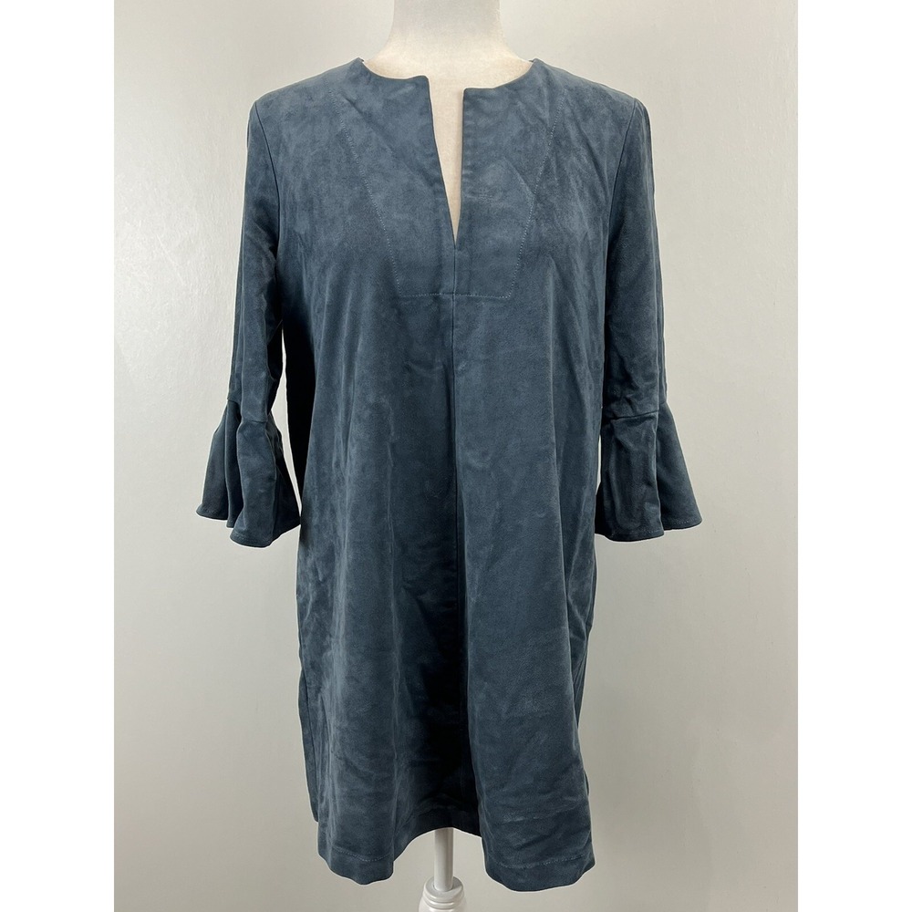 BCBG Maxazria Faux Suede Dress Sz Medium GUC Blue/gray Bell Sleeves